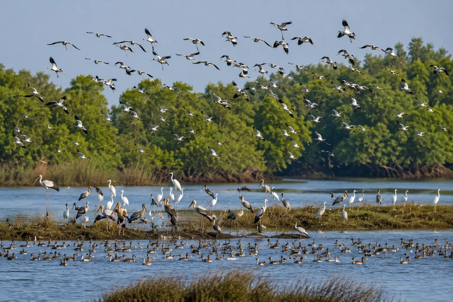 Birds over a tranquil wetland marsh