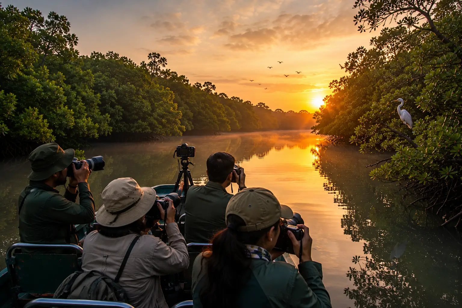 Golden hour photographers on calm river