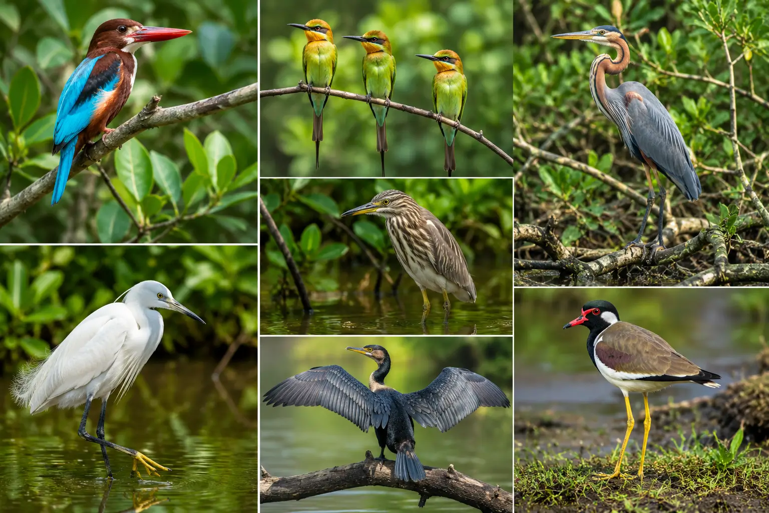 Wetland bird montage in vibrant habitat