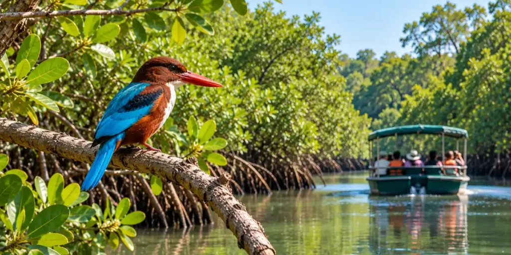 Kingfisher perched beside a mangrove waterway with a tour boat in the background