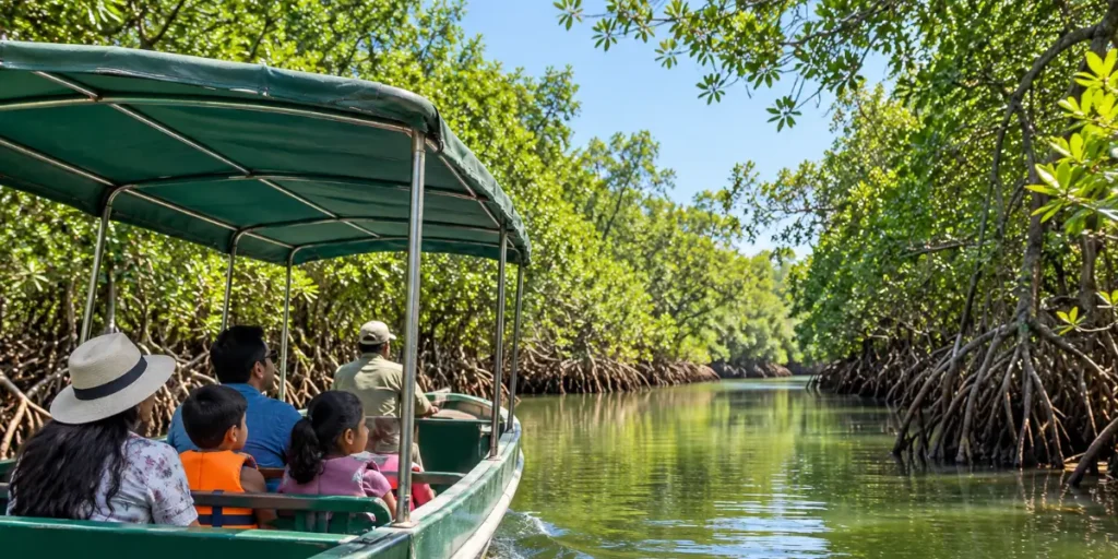 Family travelling by covered boat through green mangrove waterways